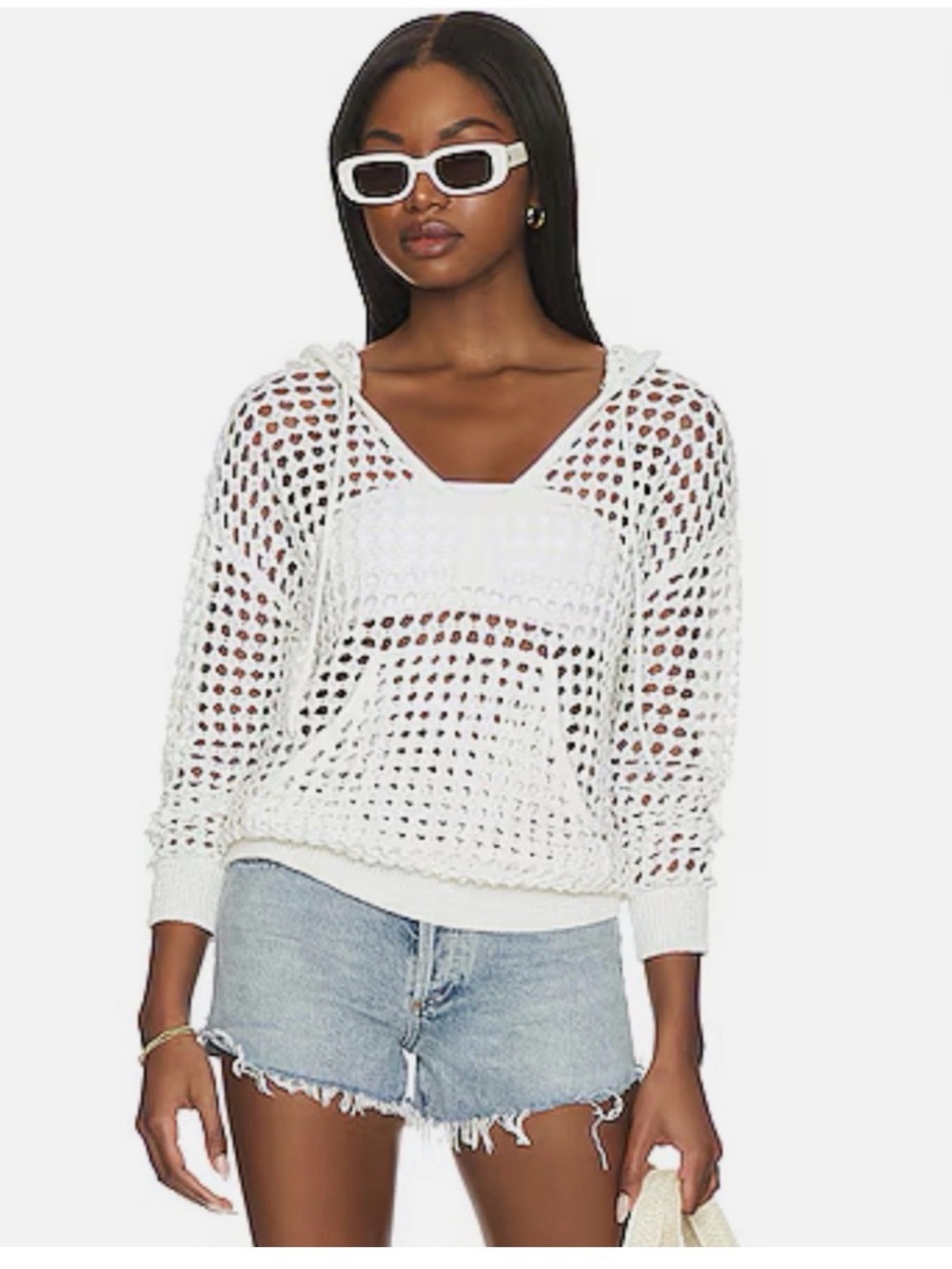 SOLID & STRIPED Cream Open-Knit Hooded Swim Coverup